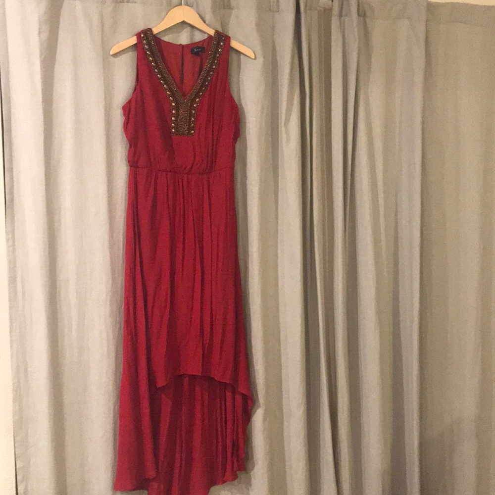 Lux Red high low dress with beaded neckline